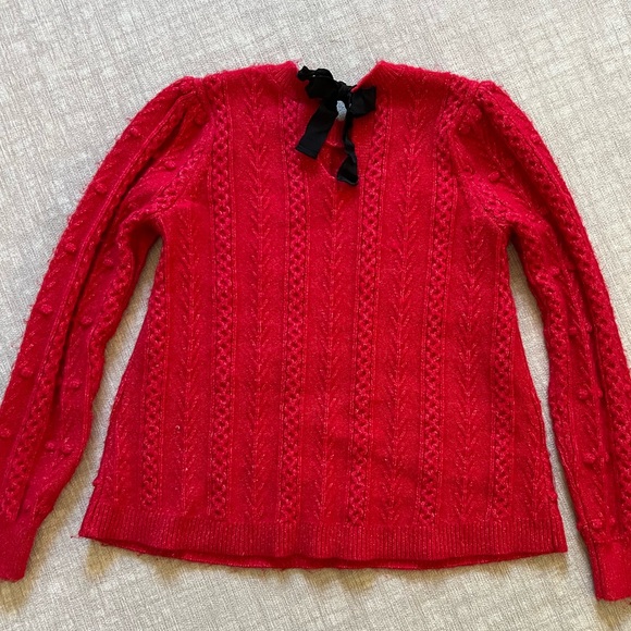 LOFT Cable Knit Pom Pom Tie Neck Sweater - Picture 1 of 6